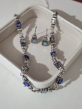 AVON Blue Ombre Rhinestone Silver Tone Earring And Necklace